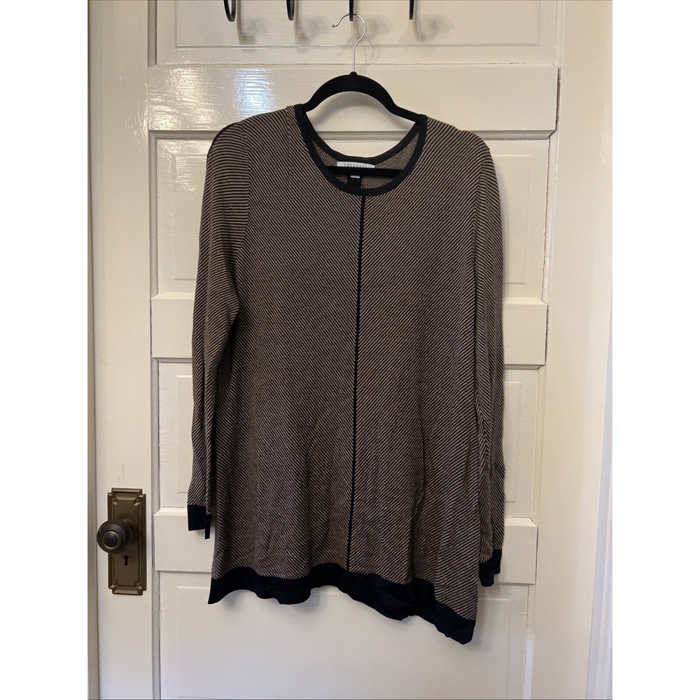 Foxcroft Womens XL Navy Tan Striped Button Back Cardigan Sweater Long Sleeve